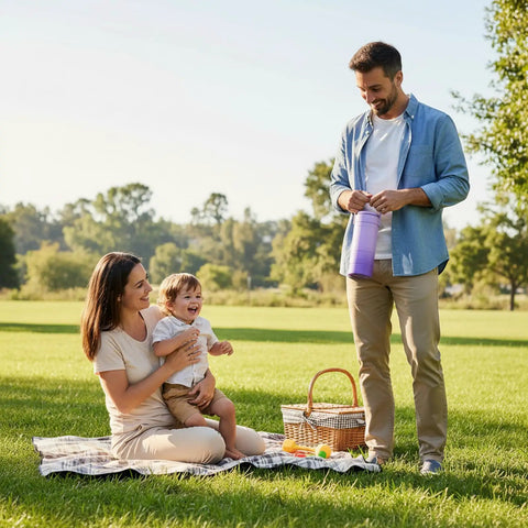 Portable Breast Milk Cooler Bottle With Touch Temp Display And Color Coded Safety Alert For Travel in outdoor family picnic.
