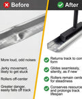 Comparison of a bent garage door track before and straightened track after using Rugged Heavy Duty Garage Door Vertical Track Repair Tool Set.