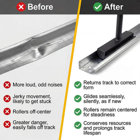 Comparison of a bent garage door track before and straightened track after using Rugged Heavy Duty Garage Door Vertical Track Repair Tool Set.