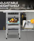 Stainless Steel 24x24 Inch Work Table With Backsplash And Wheels Durable Prep Station With adjustable height shelf and locking wheels.