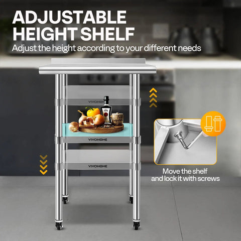 Stainless Steel 24x24 Inch Work Table With Backsplash And Wheels Durable Prep Station With adjustable height shelf and locking wheels.