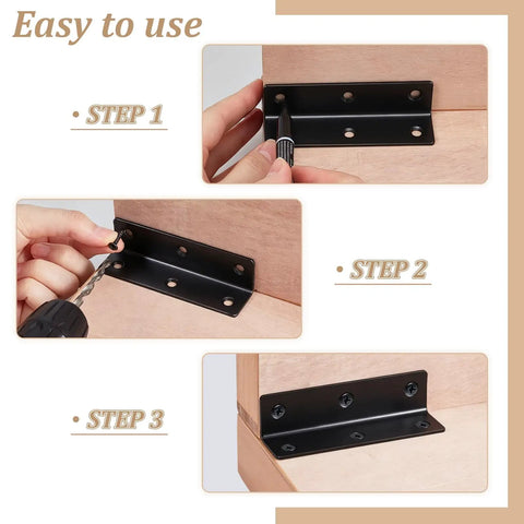 Installation steps of 20 Pack Heavy Duty Metal L Brackets For Wood With Screws, Black 90 Degree Corner Braces on wood