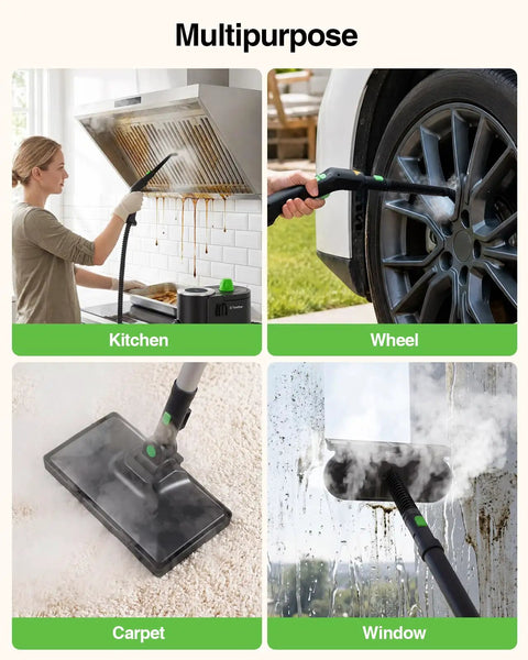 Heavy Duty TaskStar Steam Cleaner With High Pressure For Cleaning Floors And Greasy Grills Powerful 1500W Hot Steam Machine in use on kitchen, carpet, wheel, and window.