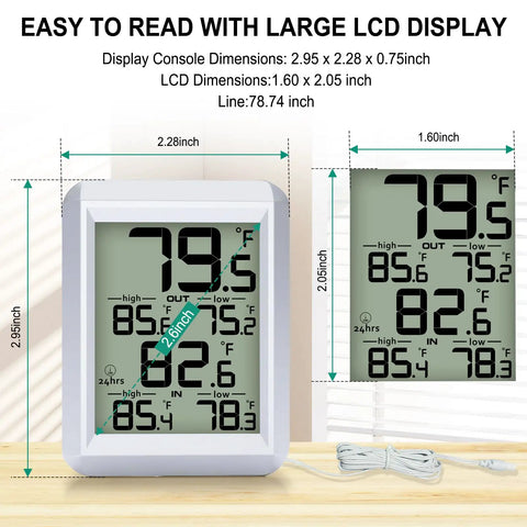 Digital Indoor Outdoor Thermometer With Wired Probe All In One Temperature Monitor For Home Office Greenhouse Aquarium Refrigerator Freezer Min Max Recording LCD Display Celsius Fahrenheit Switch, 2.95 x 2.28 in