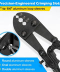 Wire Rope Crimping Tool 25 Inch Go-To Heavy Duty Hand Swaging Tool With 40 Aluminum Loop Sleeves Three Cavity Cable Crimping Tool For One Eighth To One Quarter Inch Aluminum Oval Sleeves And Double Sleeves showing 3 precision-engineered crimping slots.