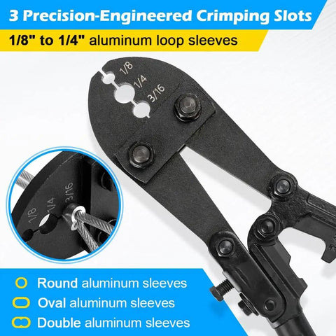 Wire Rope Crimping Tool 25 Inch Go-To Heavy Duty Hand Swaging Tool With 40 Aluminum Loop Sleeves Three Cavity Cable Crimping Tool For One Eighth To One Quarter Inch Aluminum Oval Sleeves And Double Sleeves showing 3 precision-engineered crimping slots.