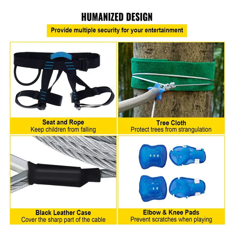 60 To 80 Foot Backyard Zip Line Kit With Swing Seat And Steel Trolley, Spring Brake System safety gear and components