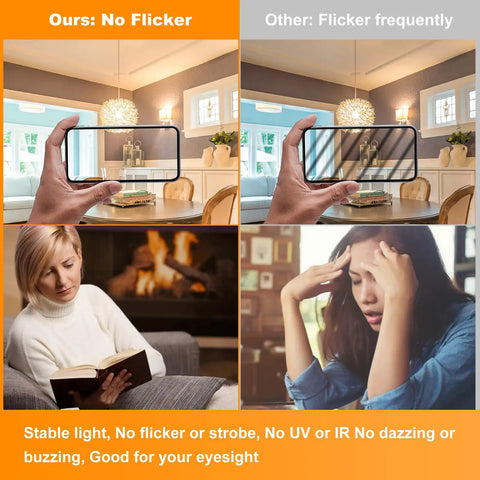 Comparison of Six Pack A15 LED Light Bulbs 60 Watt Equivalent 6.5W Dimmable E26 Soft White showing no flicker vs. flickering lights