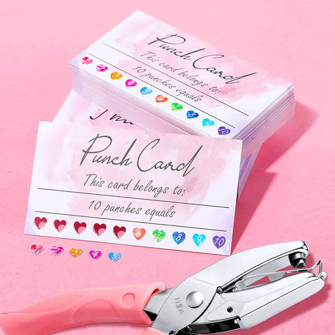 Top Shelf Blank Reward Cards With Zero Hassle Metal Heart Puncher With 100 Pack Hella Thick Coated Cardstock For DIY Crafting small reward cards and metal punch tool.