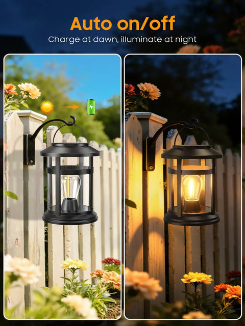 4 Pack Solar Lanterns For Outdoors Waterproof Hanging Led Lights For Garden Patio Porch Decor Warm Light Auto On At Dusk Longer Battery Life With 800mAh High Capacity Battery Eco Friendly Solar Powered Lighting attached to a wooden fence, illustration of charging process and night glow