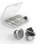Aluminum Lids For Reusable Nespresso Original Line Capsules 200 Pack, displayed with sealed capsules and packaging.