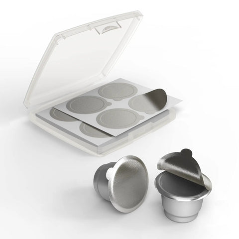 Aluminum Lids For Reusable Nespresso Original Line Capsules 200 Pack, displayed with sealed capsules and packaging.
