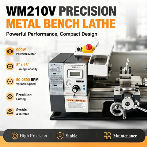 Jaryannix 900W Mini Bench Lathe 8x16 Inch Metal Woodworking Lathe with digital display and variable speed control.