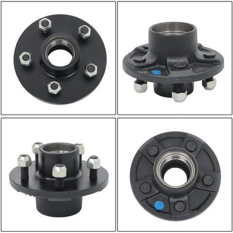 5 Lug 4.5 Inch Trailer Hub Kit With Round 84 Spindle, bolts and bearings visible, 3500 Lb Capacity, brake flange view