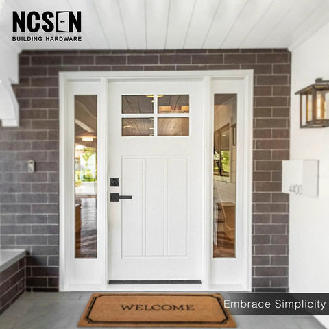 White front door with matt black front door lockset with keyed deadbolt and passage lever heavy duty zinc door levers square rosette design