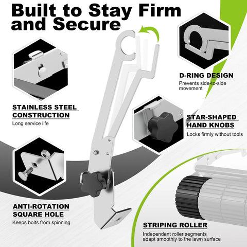 D Ring Quick Mount Lawn Striping Kit for EGO 21 Inch and Ryobi mowers, stainless steel with anti-rotation and star knobs