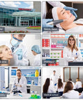 Collage of settings for Unisex White Lab Coat For Students And Pros, Spillproof Medical Coat, featuring hospitals and labs.