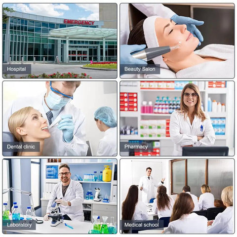 Collage of settings for Unisex White Lab Coat For Students And Pros, Spillproof Medical Coat, featuring hospitals and labs.