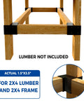 Heavy Duty Three Way Corner Bracket Kit Eight Pack For Two By Four Lumber Projects showing installed black steel brackets on wood frame.