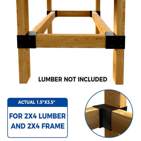 Heavy Duty Three Way Corner Bracket Kit Eight Pack For Two By Four Lumber Projects showing installed black steel brackets on wood frame.
