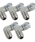 Top Tier 5PC 3/8 Inch Hydraulic Swivel Elbow Fitting Kit With Stainless Steel Corrosion Proof JIC Male Female Connectors For Heavy Duty Pipe Systems And Industrial Machinery Repairs That Hit Hard. Five 90-degree fittings shown