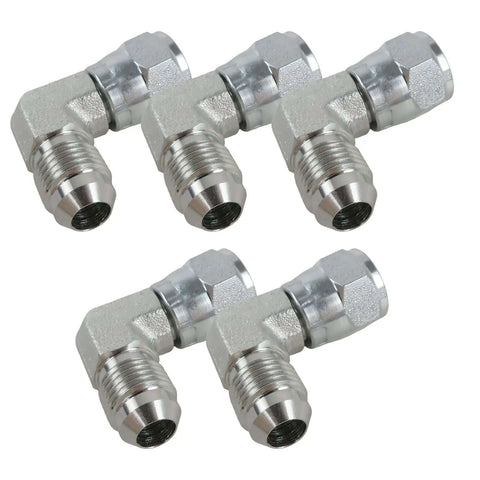 Top Tier 5PC 3/8 Inch Hydraulic Swivel Elbow Fitting Kit With Stainless Steel Corrosion Proof JIC Male Female Connectors For Heavy Duty Pipe Systems And Industrial Machinery Repairs That Hit Hard. Five 90-degree fittings shown