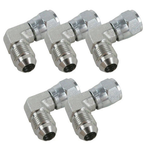 Five Piece 3/8 Inch Hydraulic Fittings Featuring Legit 90 Degree Elbow With 3/8 Male JIC To 3/8 Female JIC Swivel Built Tough Using Corrosion Resistant Stainless Steel To Handle Heavy Loads And Keep Systems Running Smooth Techs Wanting Real Gear, five stainless 90-degree JIC elbow fittings