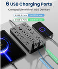 Heavy Duty 6 Ft Extension Cord Surge Protector Power Strip With 14 AC Outlets And 6 USB Ports, showing 6 USB charging ports.