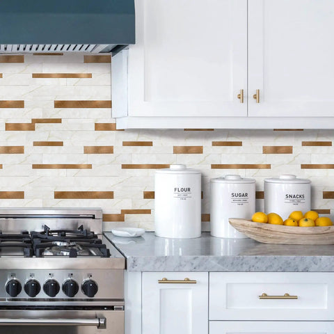 Peel And Stick Backsplash Tiles 10 Sheets Real Texture Marble White Copper Look Subway Style Aluminum PVC Wall Tiles in kitchen