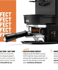 Automatic Coffee Tamper With Adjustable Tamping Pressure And Calibrated Levels For Nailing Every Shot Fits Mahlkonig E65 Grinders Perfectly, showing black portafilter tool with digital control panel.