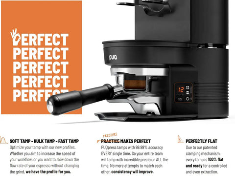 Automatic Coffee Tamper With Adjustable Tamping Pressure And Calibrated Levels For Nailing Every Shot Fits Mahlkonig E65 Grinders Perfectly, showing black portafilter tool with digital control panel.