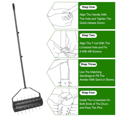 18 Inch Rolling Lawn Aerator Tool with 50 to 70 Inch Adjustable Handle Heavy Duty Spike Aerator assembly instructions