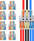 8 Pcs Push In Wire Splitter Terminal Connectors arranged with colored wires, showcasing quick connect lever design for DIY electrical cable splicing.