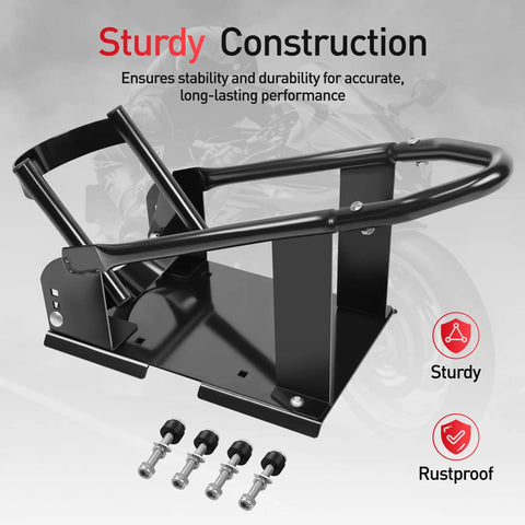 Beefed Up Universal Motorcycle Wheel Chock And Front Wheel Stand for Trailers 1800 Pound Capacity, adjustable steel design image.
