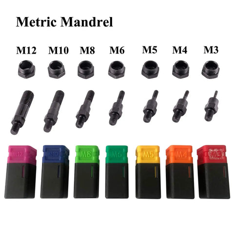 Rivet Nut Master Kit With 860 Piece Assortment And 13 Inch Gun Kit, showing various M3 to M12 metric mandrels with color-coded sleeves