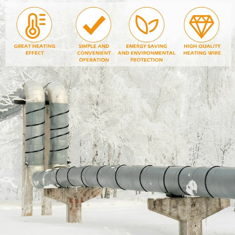 Self Regulating Heat Tape for Water Pipes, 30 Ft Heavy Duty Pipe Freeze Protection in snowy outdoor setting with benefits icons