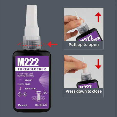 Front view of M271 red high-strength threadlocker bottle, 50 ml, with white twist-cap and purple label.