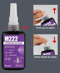 Front view of M222 thread locker bottle with application instructions, focusing on opening and closing of the cap.