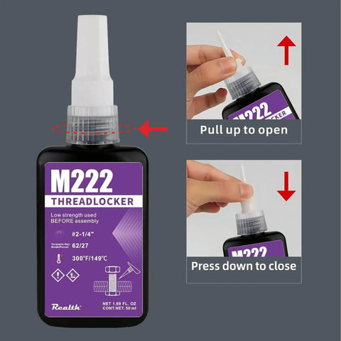Front view of M222 thread locker bottle with application instructions, focusing on opening and closing of the cap.