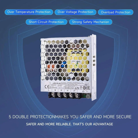 Beefy 50W 24V 2.2A Enclosed AC-DC Power Supply, Fanless 1U Low-Profile Silent Cooling, Adjustable 21.6-28.8V Output For Industrial Automation And Home Electronics with safety labels