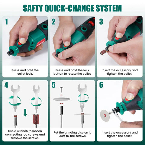 Six Speed Rotary Tool Kit With A 170W Motor, 173 Accessories, Four Attachments, And A Sturdy Case For DIY Crafting And Home Projects From Cutting And Sanding To Polishing, Drilling, And Engraving. rotary tool quick-change accessory setup