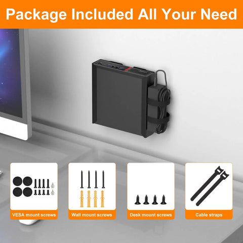 Hella Secure Vesa And Under Desk Wall Mount Bracket For Small Form Factor Tiny Desktop Towers Featuring Adjustable Heavy Duty Hardware To Keep Your Workspace Clean And Dope with included mounting screws and cable straps.