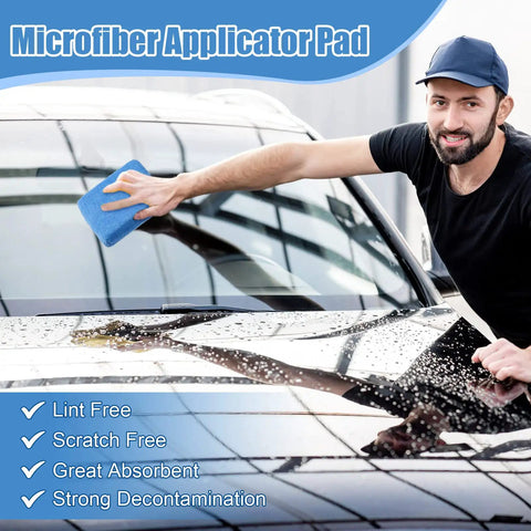 Blue 32 Pack Microfiber Applicator Pads For Car Detailing Soft Foam Buffing Sponges Pro Grade Ideal For Wax Ceramic Coating Polish Reusable Washable Car Care Tools, man applying pad to car