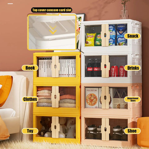 No Sweat Large Plastic Storage Bins With Secure Lids Fold Flat Stacking Organizers For Dorms Home Offices And Closets with snacks and drinks