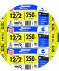 250 Ft 12-2 NM-B Romex Wire, 12 AWG Yellow Dry Location Cable packed in a circular roll with labeling visible
