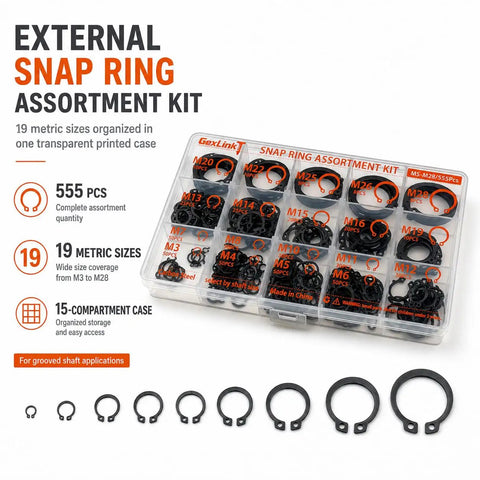 555-Piece External Snap Ring Kit With 19 Metric Sizes M3 Through M28 For Grooved Shafts displayed in organizer case