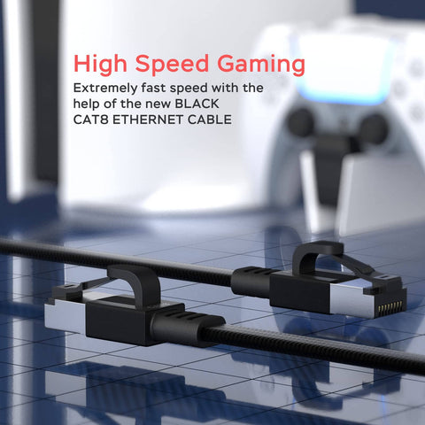 Cat 8 Ethernet Cable 50 Ft Ultra Fast 40Gbps 2000MHz Shielded SFTP RJ45 LAN Patch Cord with black gaming console background
