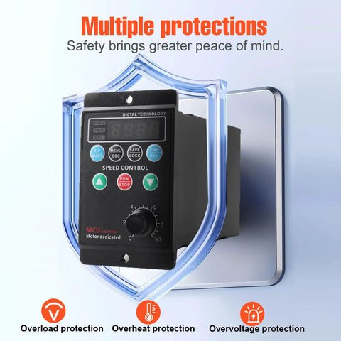 Front view of Single Phase To Three Phase VFD Inverter For Spindle Motors, 220V 0.75kW, highlighting multiple protections.