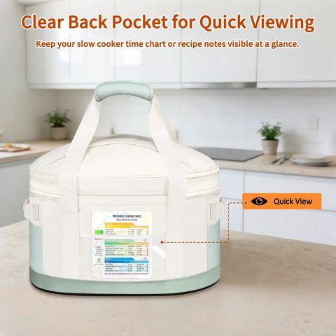 Heavy Duty Six To Eight Quart Slow Cooker Carry Bag With Double Layer Shell showing clear back pocket for recipe notes.