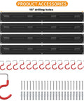 Components of Solid Metal 64 Inch Wall Mount Garden Tool Organizer with 4 rails, 16 hooks, screws, and anchors for garages or sheds.